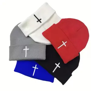 Knit Beanie with Embroidered Cross | Christian Faith Beanie Hat | Unisex Winter Skull Cap | Soft Stretchy Knit Beanie for Men & Women | Cozy Warm Streetwear Accessory | Inspirational Religious Gift for Teens & Adults | Trendy Minimalist Cross Cap