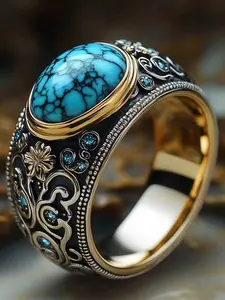Men's Classical Elegant Floral Print Turquoise Ring, Wedding Engagement Party Jewelry Gift, 1pcs Fashion Accessory