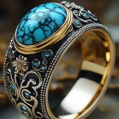 Men's Classical Elegant Floral Print Turquoise Stone Ring, Wedding Engagement Party Jewelry, 1pcs Fashion Accessory
