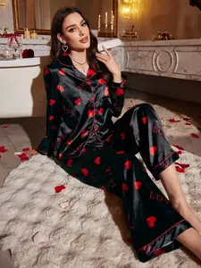 Luxenights Satin Heart & Letter Print Lapel Long Sleeve Pajama Set, Matching Pj Set, Casual Fitted Sleepwear for All Seasons, Women's Nightwear