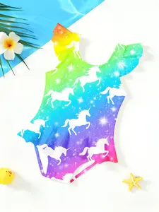 Rainbow Unicorn Pattern Girls' Jumpsuit Swimsuit, Cute Cartoon Print, Ruffled Detailing Quick-Dry Kids Fun Swimwear, Fashionable Swim, Playful Swimsuit, Unicorn Motifs