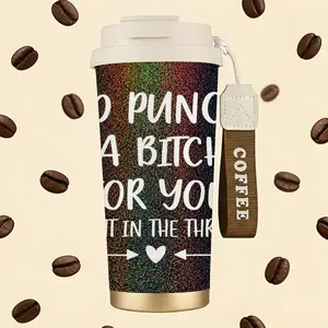 Bestie Slogan Print Stainless Steel Insulated Coffee Cup with Double Drink Design， Portable Travel Tumbler with COFFEE Wrist Strap， Reusable Thermal Mug， Perfect Gifts For Birthday Holiday.