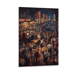 1pc Frameless Canvas Art, Colorful Retro Jazz Club (Band, Dancers, Vintage Street) Printed Wall Decor, Nostalgic Style for Home, Bar, Living/Dining/Bedroom