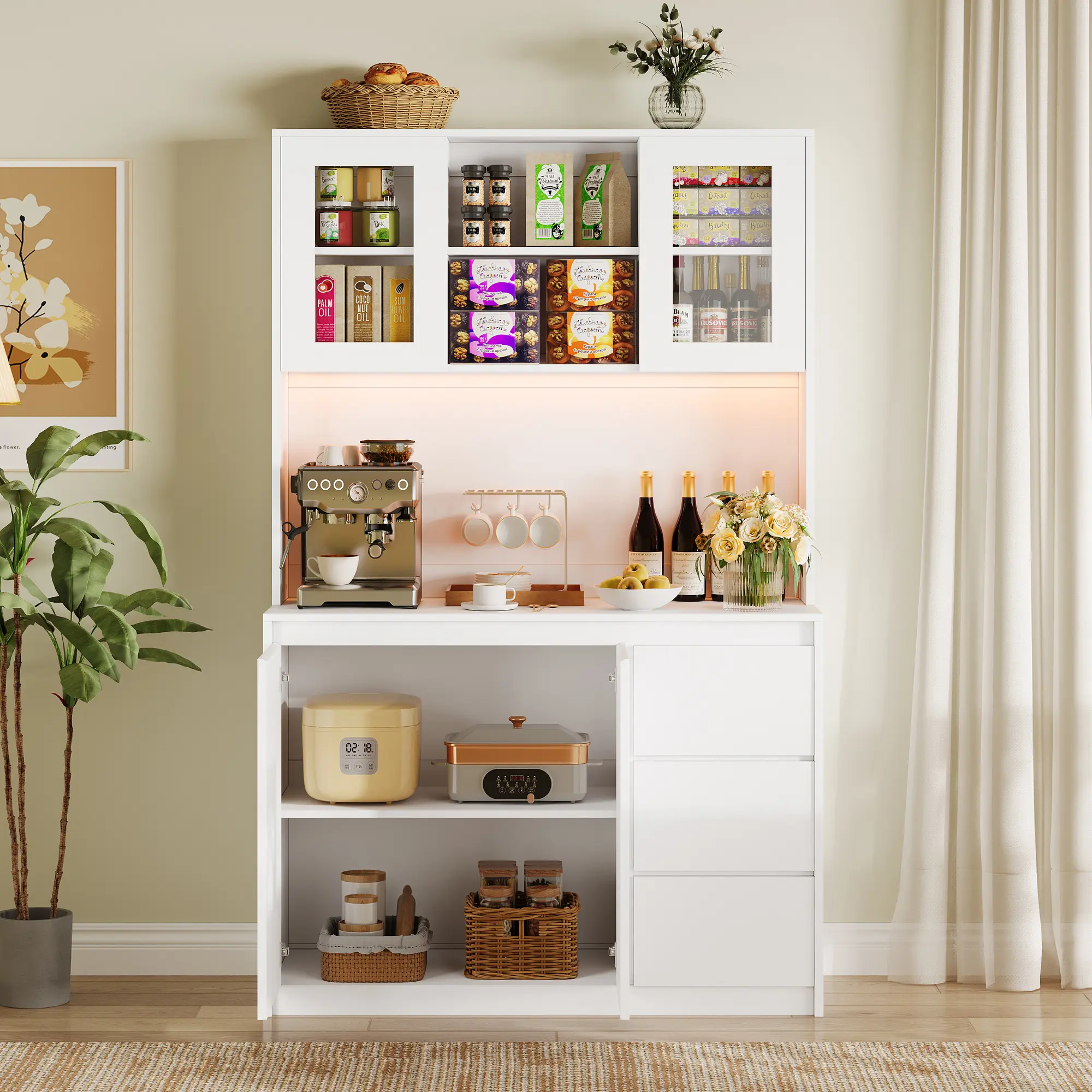 71" Tall Modern Handless Kitchen Pantry Cabinet with LED Lights, Power Outlets & USB Charging Ports, Glass Door Storage Hutch with Adjustable Shelves, Multifunctional Microwave Stand