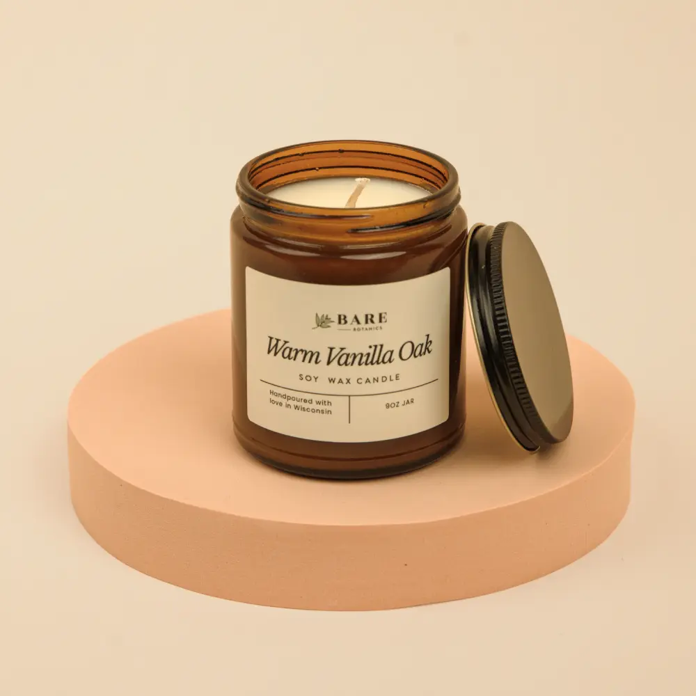 Bare Botanics 100% Plant-Based Soy Candle 9 oz Warm Vanilla Oak, Non-Toxic Candle, Using plant-based Fragrance Oils, Handpoured with 40+ Hours Burn Time