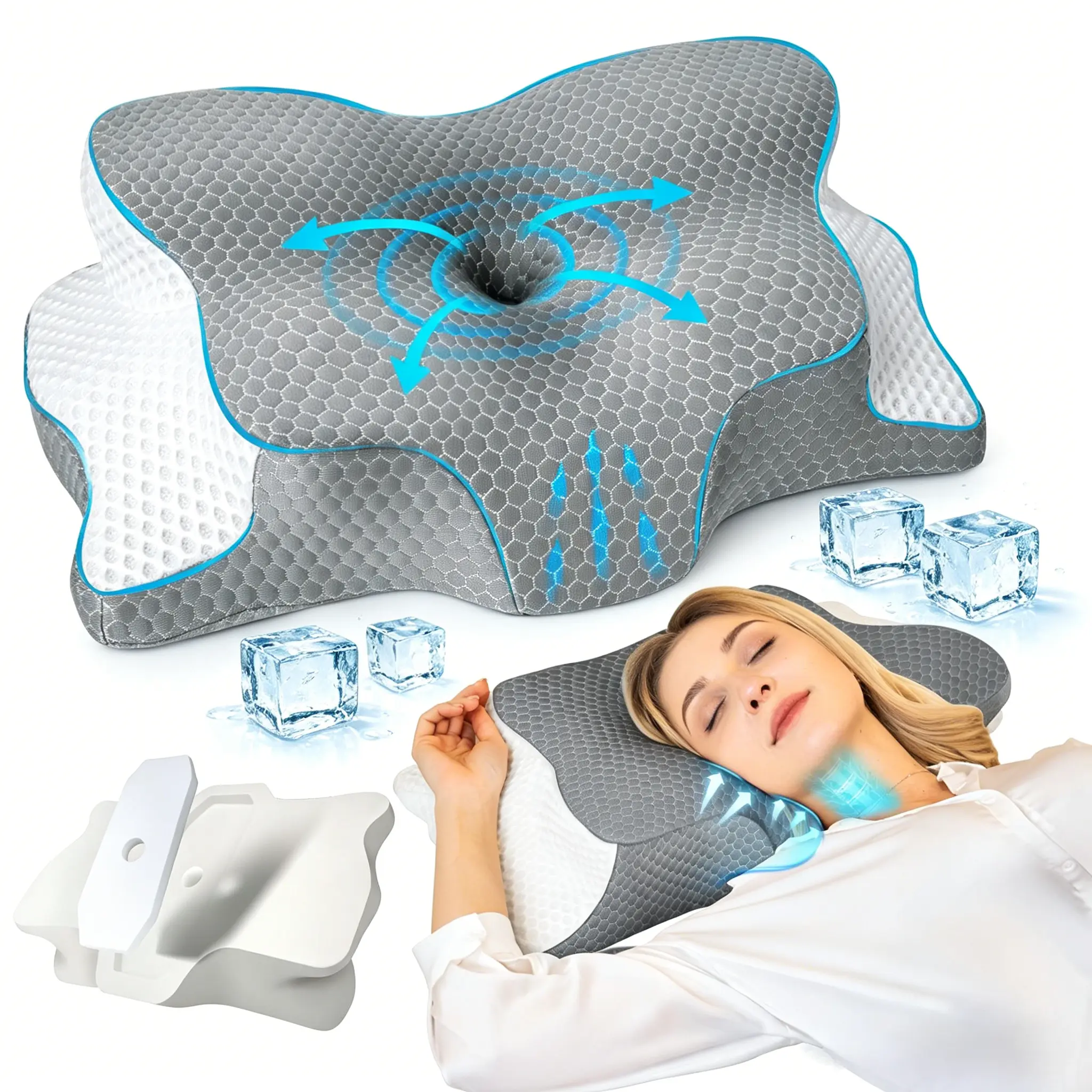 【Summer Deals】SAHEYER Contoured Memory Foam Cervical Neck Pillow - Cooling Ice Silk, Skin-Friendly, Supportive Memory Foam, Ergonomic for Side/Back Sleepers, Home Bedroom Bed Accessories,neck pad, soft travel pillow