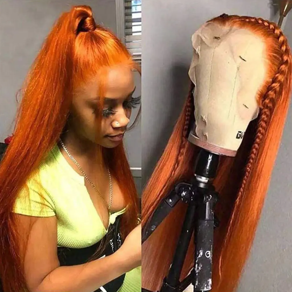 Long Straight 13x6 Orange Ginger Lace Front Wig - Heat Resistant Synthetic Hair, 180% Density, Pre-Plucked Glueless Design, Perfect for Daily & Party Wear, 26 Inch Valentine's Day Gift for Women, Versatile Hair Solution Free Part Wig