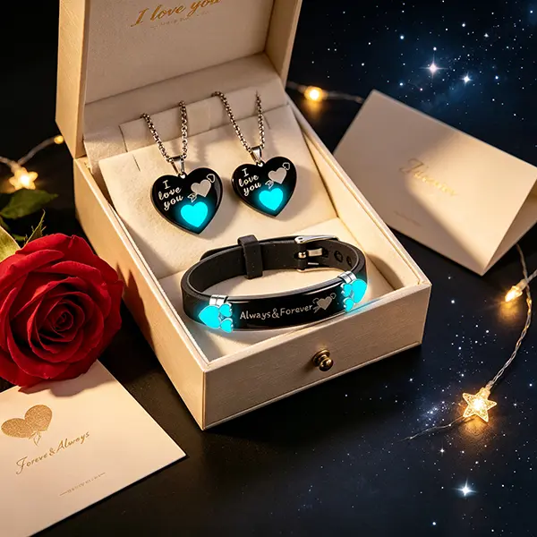 Couples Jewelry Set, 4-Piece Stainless Steel Matching Heart Necklace & Bracelet, Glow-in-the-Dark with Engraved Text, Casual Anniversary Gift