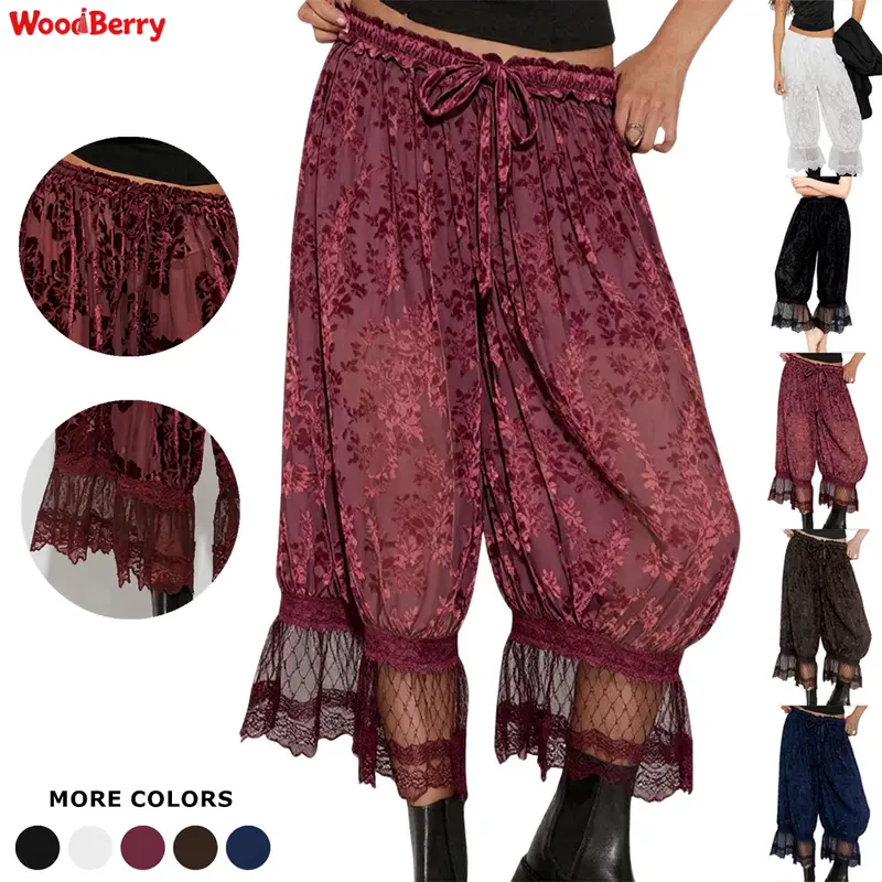 WoodBerry Women's Fashion Lace Trim Loose Wide-Leg Trouser Bloomers - Lightweight Sheer Floral Burnout Lantern Pants, Elastic Waist, Lined for Coverage, Machine Washable, Party-Ready, All Seasons Women's Bottoms