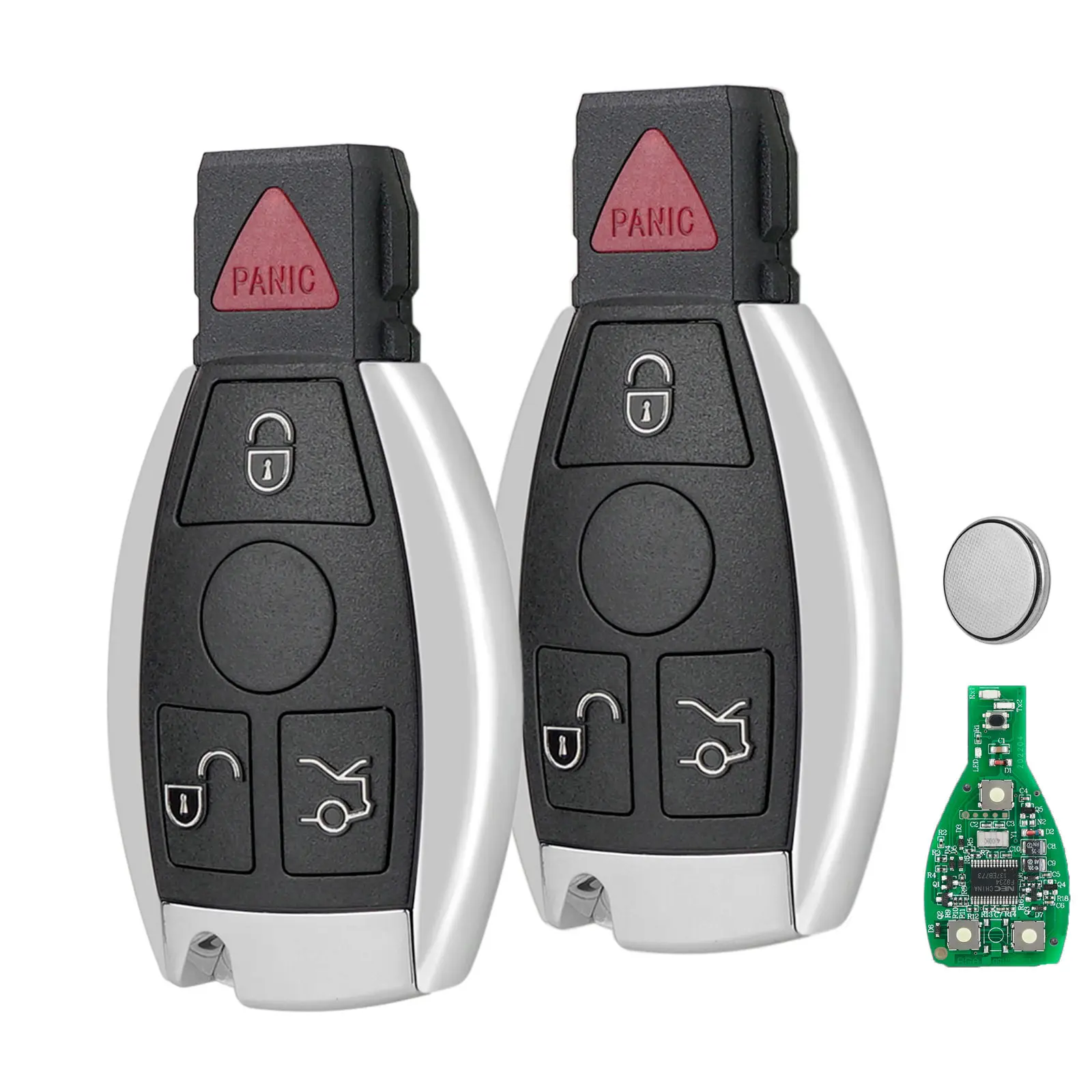 2 Metal Keyless Entry Remote Control Key Fobs with Batteries - 4 Buttons (Lock/Unlock,Trunk Release,Panic Alarm) - Includes Circuit,Works on Mercedes-Benz C,E,S,G,M,R Classes (C230,E320,E350,E400,E550,E63,S550,GL350,ML350) - IYZ-3312/IYZDC