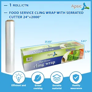 1 Roll Premium BPA-Free Plastic Wrap with Built-In Slide Cutter, 24" x 2000 Ft Food Cling Film, Microwave & Freezer Safe for Home Kitchen Restaurant Catering Use