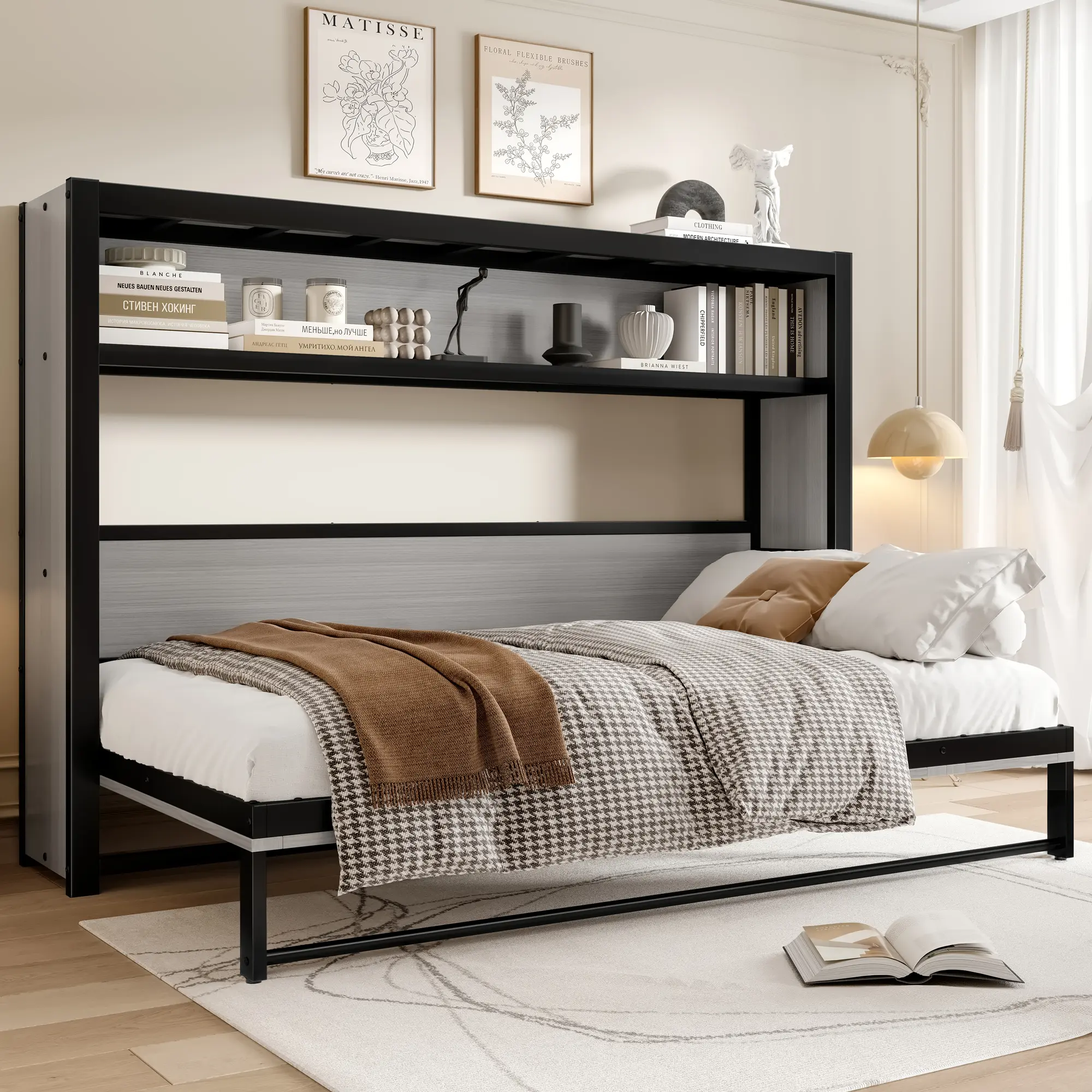 Eyisean Twin Metal Modern Murphy Bed with MDF Bookcase, Heavy-Duty Frame with Metal Slats, Foldable Storage Shelves, Multi-Functional Folding Wall Bed Cabinet for Guest Room, Office, Assembly Required