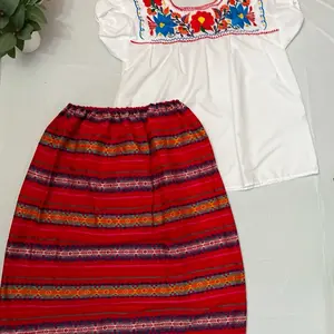 Mexican Skirt Sara 2 Piece Floral Shirt with Red Striped Skirt and White Embroidered Top