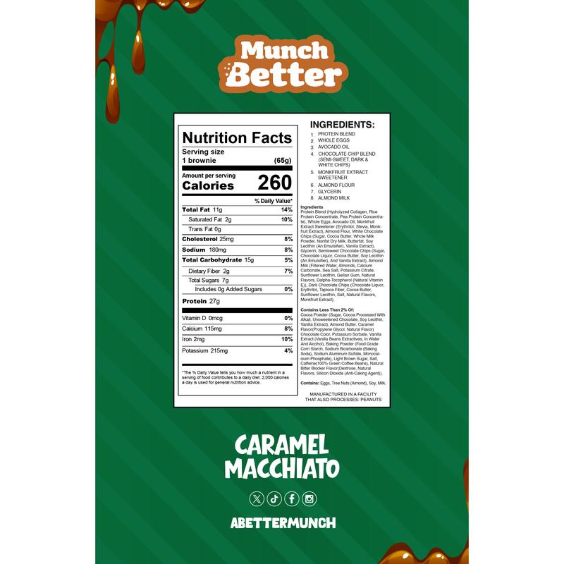 Munch Better High Protein Caramel Macchiato Brownies with Caffeine (8 Pack) - 27g Protein & 15g Collagen - Gluten-Free & No GMOs - US Made Energy Boost Snack