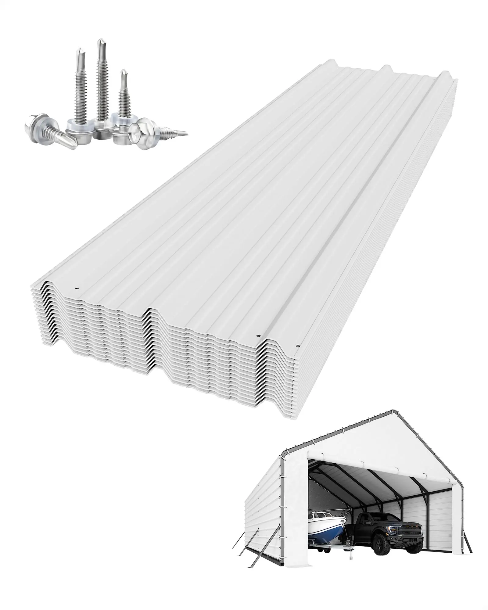[Panels Only, No Frame And Tarpaulin ] Metal Carport Roof Panels, Compatible with: 20x20ft, 20x25ft Heavy Duty Metal Carport Kits, No. 27 Galvanized Steel Rib Panels, 60.24'' X 19.7'', 16 Pieces, White
