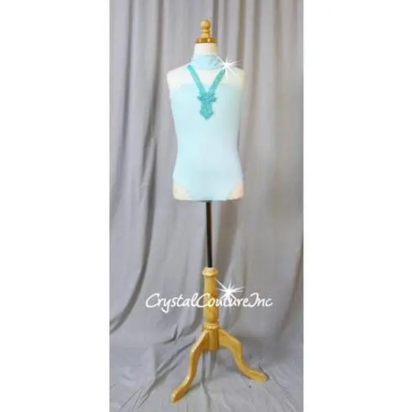 Lt Turquoise Blue Leotard with Sheer Mesh and Sequin/Bead Applique