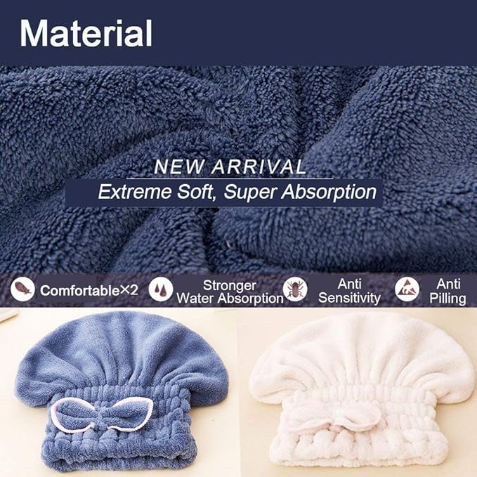 3Pcs Microfiber Hair Towel Caps, Extreme Soft & Ultra Absorbent, Fast Drying Hair Drying Caps Towel Turban Wrap for Wet Hair Women