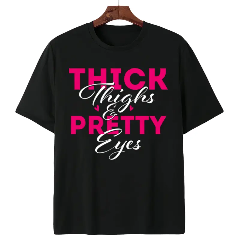 Unisex "Thick Thighs, Pretty Eyes" Loose-Fit Gym T-Shirt — 100% Pure Cotton (180gsm) Vintage-Style Gym Tee with Slogan Print; Crew Neck Fitness Top Suitable for Weightlifting, Gymnastics, and Casual Sportswear
