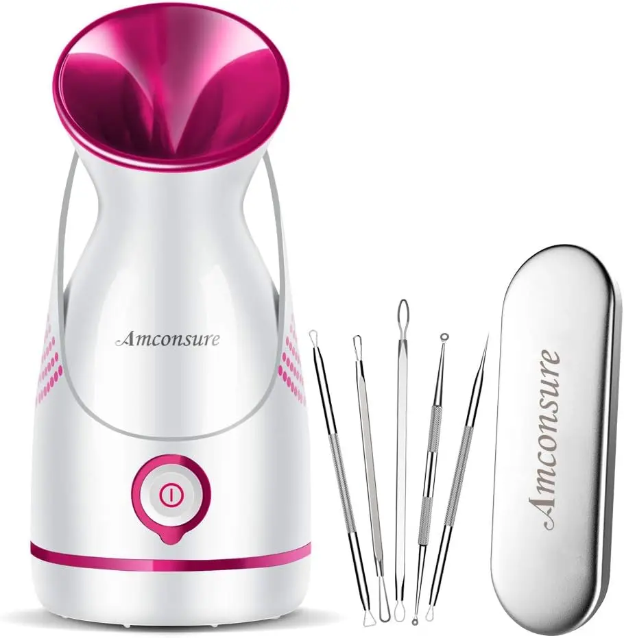 Facial Steamer - Nano Ionic Face Steamer Warm Mist Steamer for Home Sauna SPA, Humidifier for Face Steamer for Deep Cleaning Unclogs Pores Sinuses - Bonus 5 Piece Stainless Steel Skin Kit