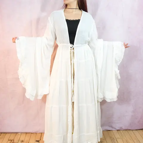 Women's Boho Long Ruffle Duster - Lightweight Cover Up, 90s Boho Vibe Hippie Chic Summer Blouse, Plant Viscose Comfortable Fit Long Sleeve Swimsuit Coverup, 1 Size Festival Casual Hand Wash Kimono