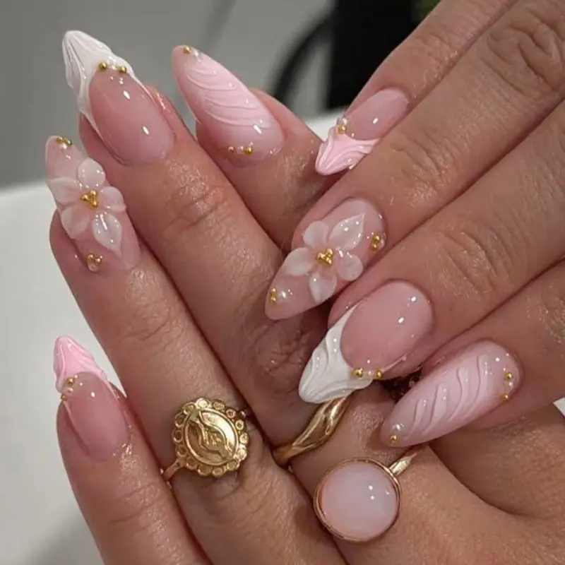 10pcs Y2K Style, Flower Design Nails, White 3D Flower Press On Nails, Pure Handmade Pink French Style Almond Nails, And False Nails Decorated With Gold Beads, Soft And Sweet, Suitable For Daily Street, Handmade Acrylic Nails, Decorative Nails