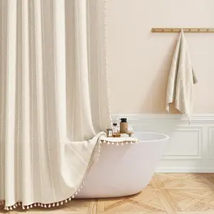 Boho Farmhouse Shower Curtain, Linen Rustic Weighted Striped Cloth Shower Curtain Set with Tassel, Water Repellent, Bohemian Vintage Country Fabric Shower