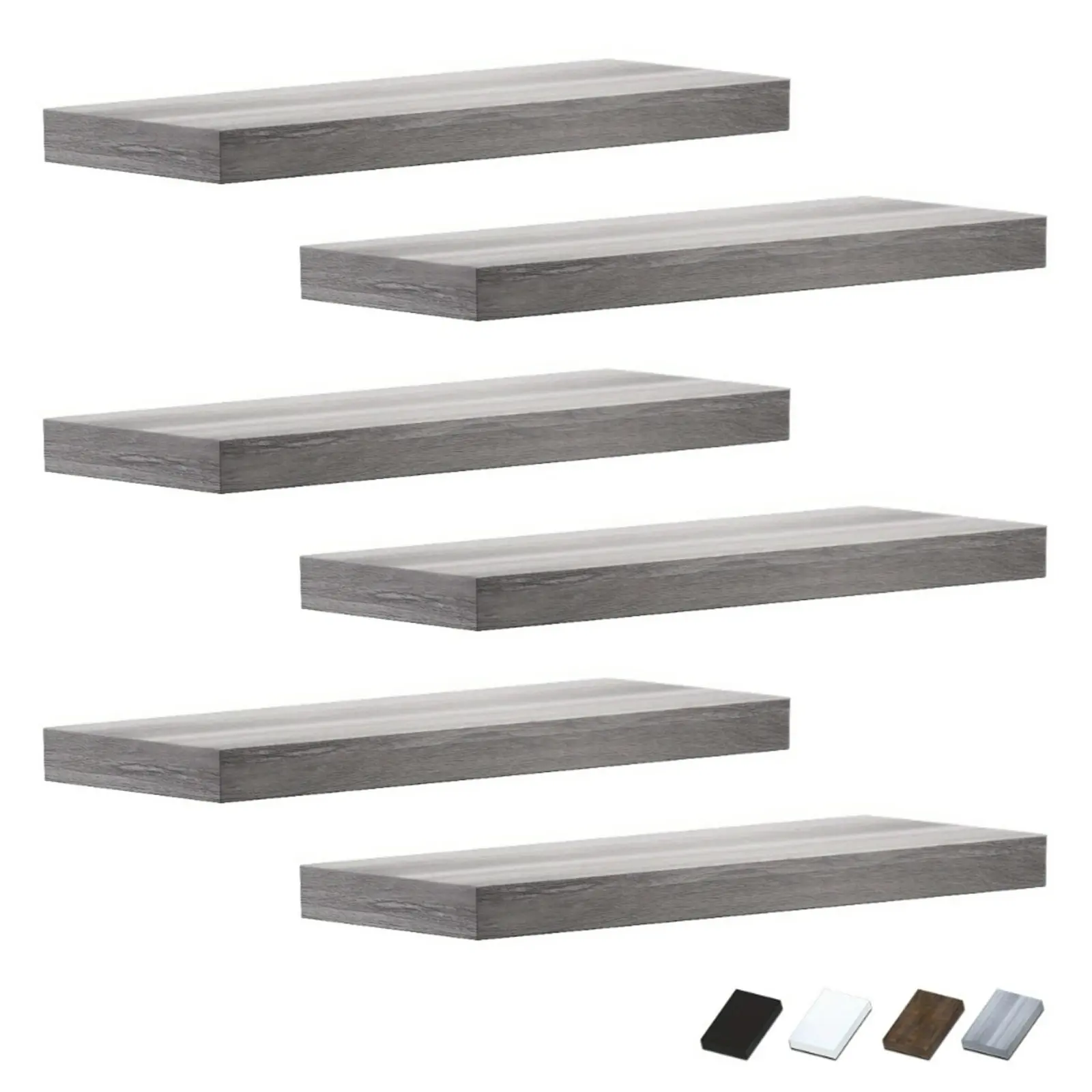6-Piece Minimalist Decorative Wooden Floating Shelves, Durable Easy-Assembly Home Supplies, Slim Space-Saving Shelves for Bedroom, Bathroom Storage & Display Accessories (Black, White, Grey, Brown)