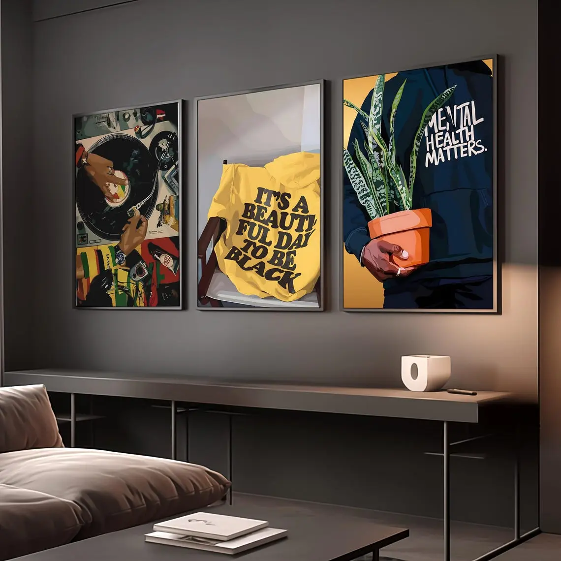 3-Piece Glossy Paper Print Set, Fade-Resistant Premium Ink HypeBeast Culture Wall Art for Afro American Home Decor (Featuring Man, Couple Themes)