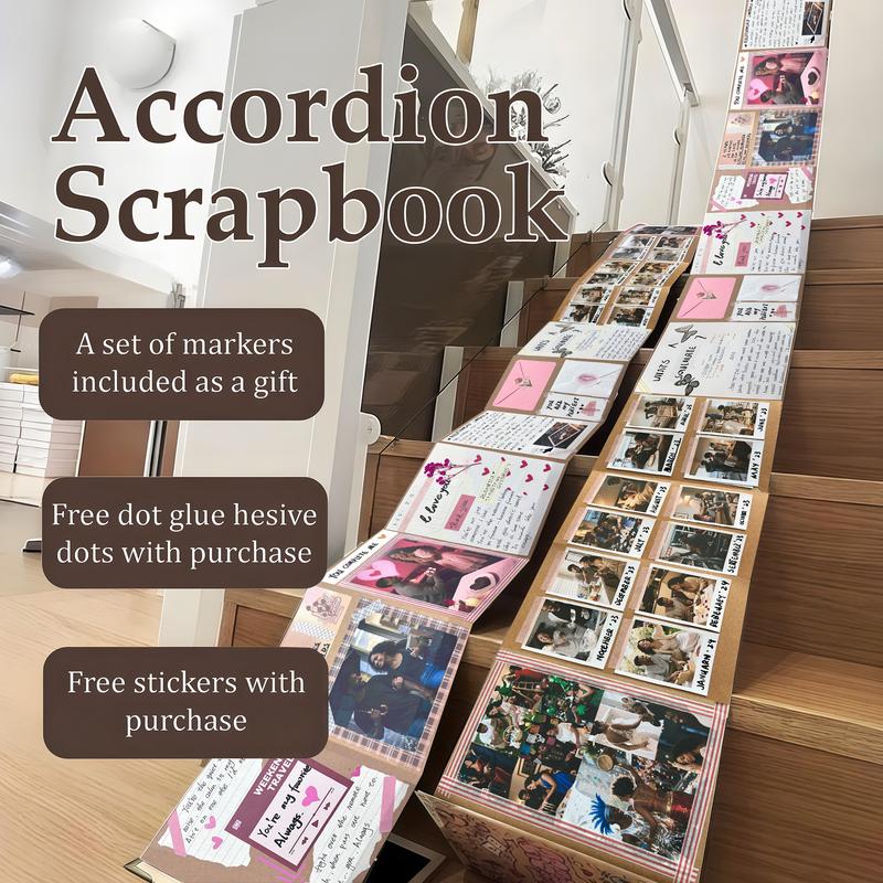 99+ Inch Accordion Foldable Scrapbook Album - Preserves Memories, for Weddings, Travel, Lovers, Friends, Graduation, Anniversary, Family | DIY Craft Kit with Markers, Stickers, Dot Glue & Gift Bag