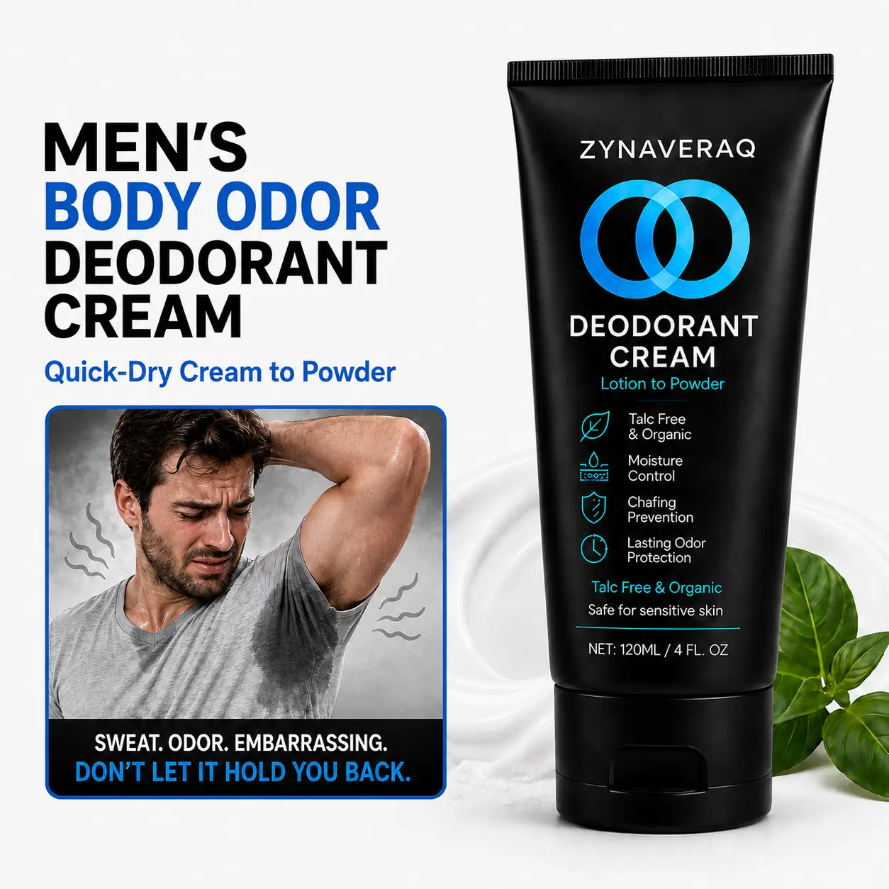Mens Whole Body Deodorant Cream Cream to Powder Quick Dry Non Greasy for Groin Underarms and Inner Thighs Odor Control Moisture Control Anti Chafing Talc Free No White Residue