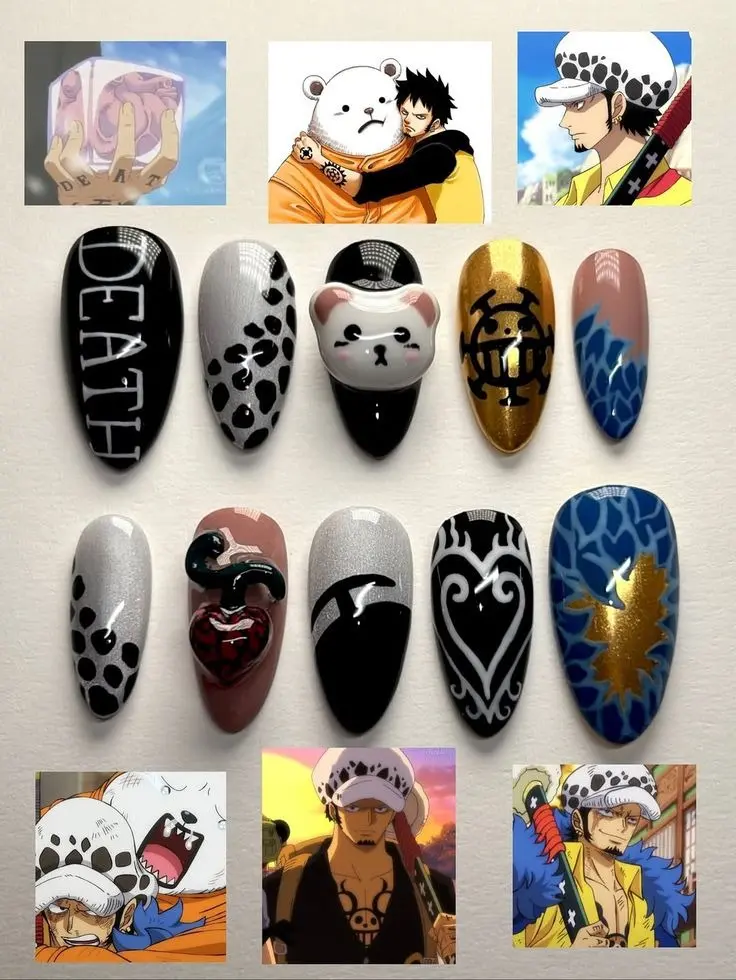 Handmade Trafalgar Law 1 Piece Press On Nails, Anime Bepo 3D Ope Ope no Mi Fake Nails, DEATH Tattoo Cosplay Reusable Gel Nail Set with Free Adhesive Tabs Nail File Cuticle Stick