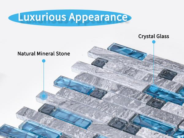 Art3d Glass Decorative Tile for Kitchen & Bathroom Backsplash, Blue/Gray Grout Design, 5-Pack, Easy Installation, Modern Mosaic Accent  Wall Stickers