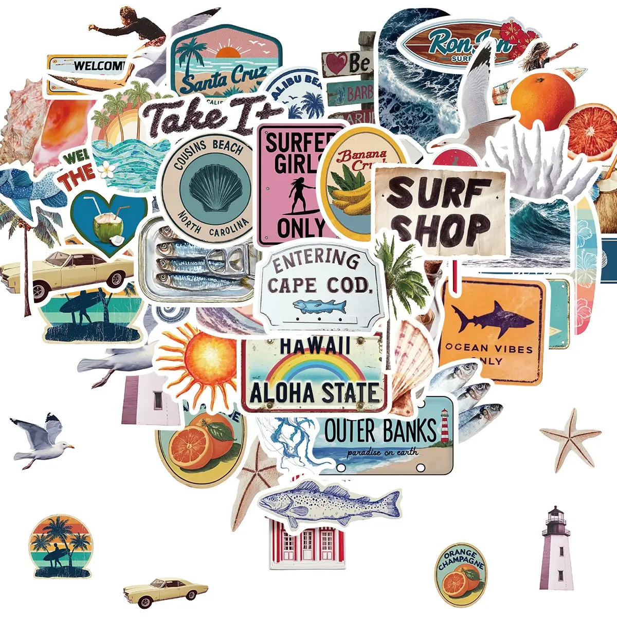 50pcs Summer Beach Ocean Stickers, Vinyl Waterproof, Non-Repeating Adhesive, Hawaiian Tropical Decals, Bulk for Water Bottles, Planner, Luggage, Laptop