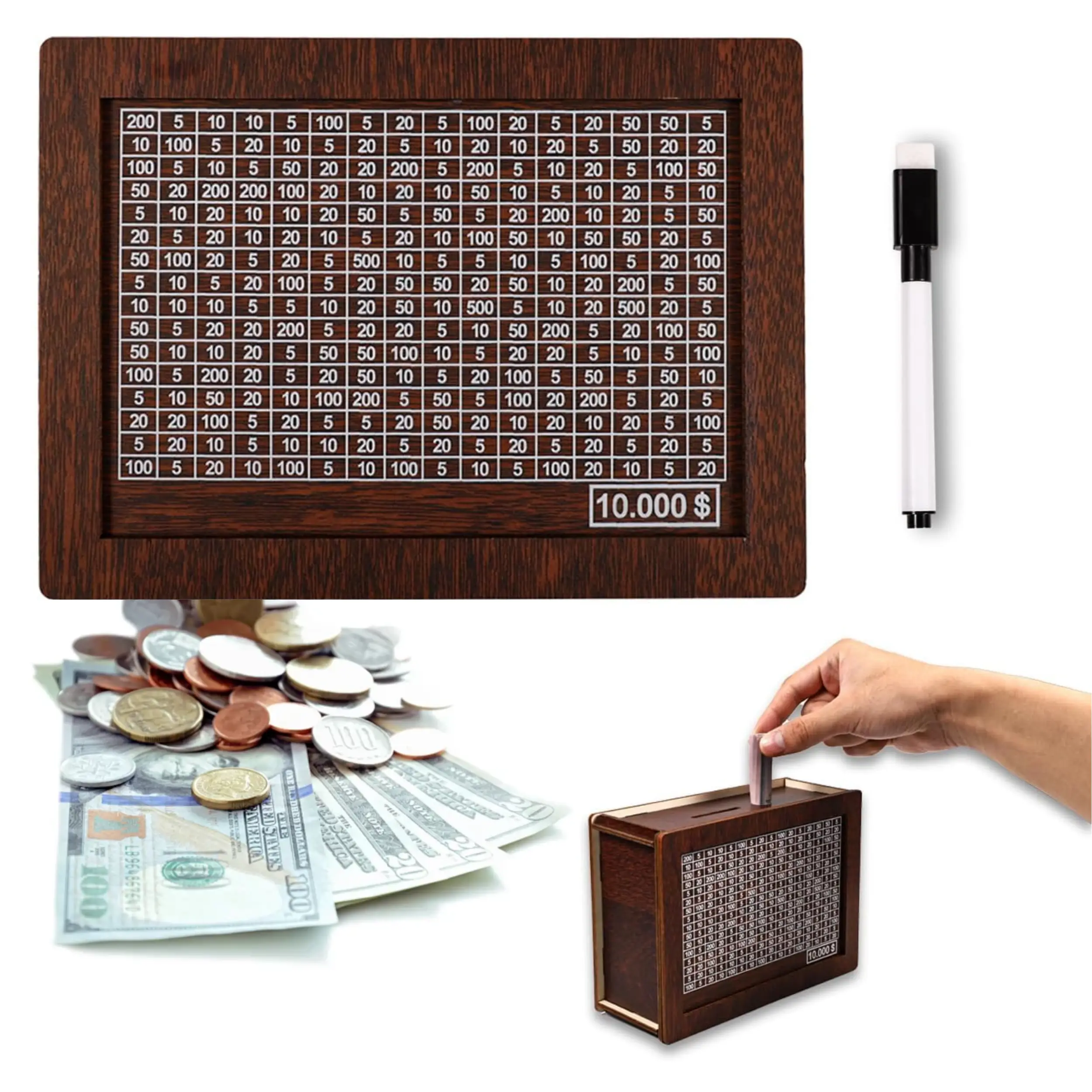 Money-Saving Box for Cash & Coins, Portable Cash Storage Case with Reusable Erasable Acrylic Counting Panel, Cash Vault with $10,000 Target Challenge,