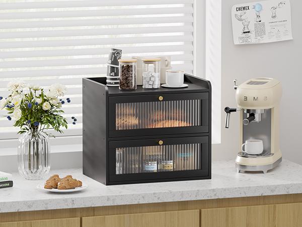 Bamboo Bread Box, Double Layer Bread Storage Box for Kitchen Counter, Large Capacity Bread Bin, Black