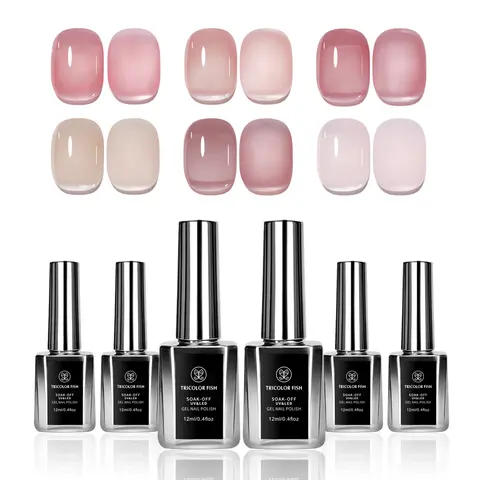Toxic-Free UV Light Gel Nail Polish Set - 6 Translucent 12ml/0.4 fl.oz Basic Bottles (Milky Pink, Pink Jelly Nude (12ml*6), Sheer Orange) Tricolor Fish Assortment, 60s UV Cure, 24-Month Shelf Life, Nail Care Essentials for Salon & Home DIY