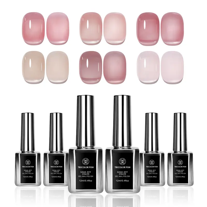 Toxic-Free UV Light Gel Nail Polish Set - 6 Translucent 12ml/0.4 fl.oz Basic Bottles (Milky Pink, Pink Jelly Nude (12ml*6), Sheer Orange) Tricolor Fish Assortment, 60s UV Cure, 24-Month Shelf Life, Nail Care Essentials for Salon & Home DIY,familyfun