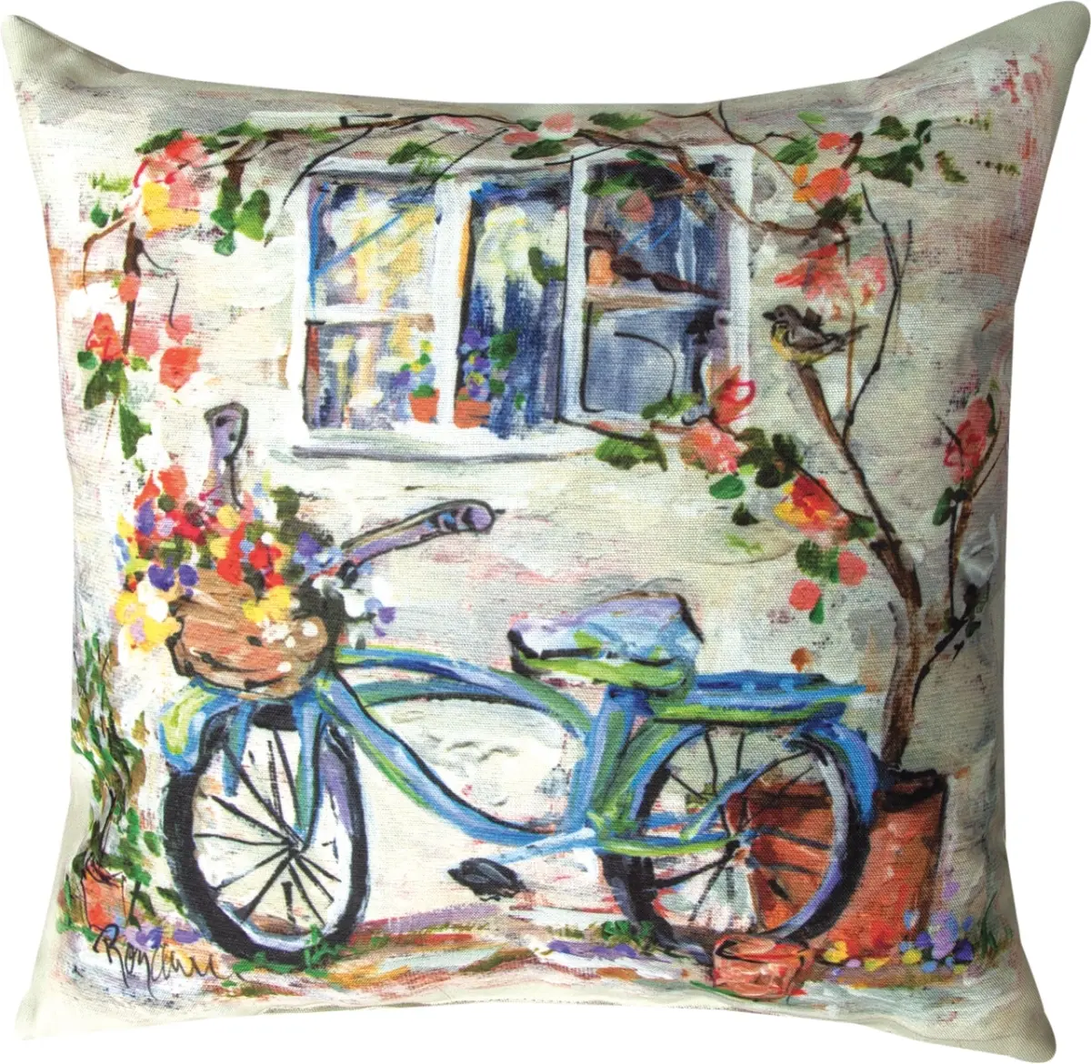 18 x 18 in. Blue Bike Under Window Outdoor Pillow