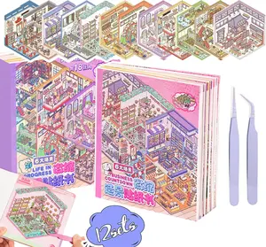 3D Sticker Scene Book Sticker Therapy for Adults Kids Teens 2 Books with 12 Sets of DIY 3D Room Miniature Scene Stickers Featuring Various Themes