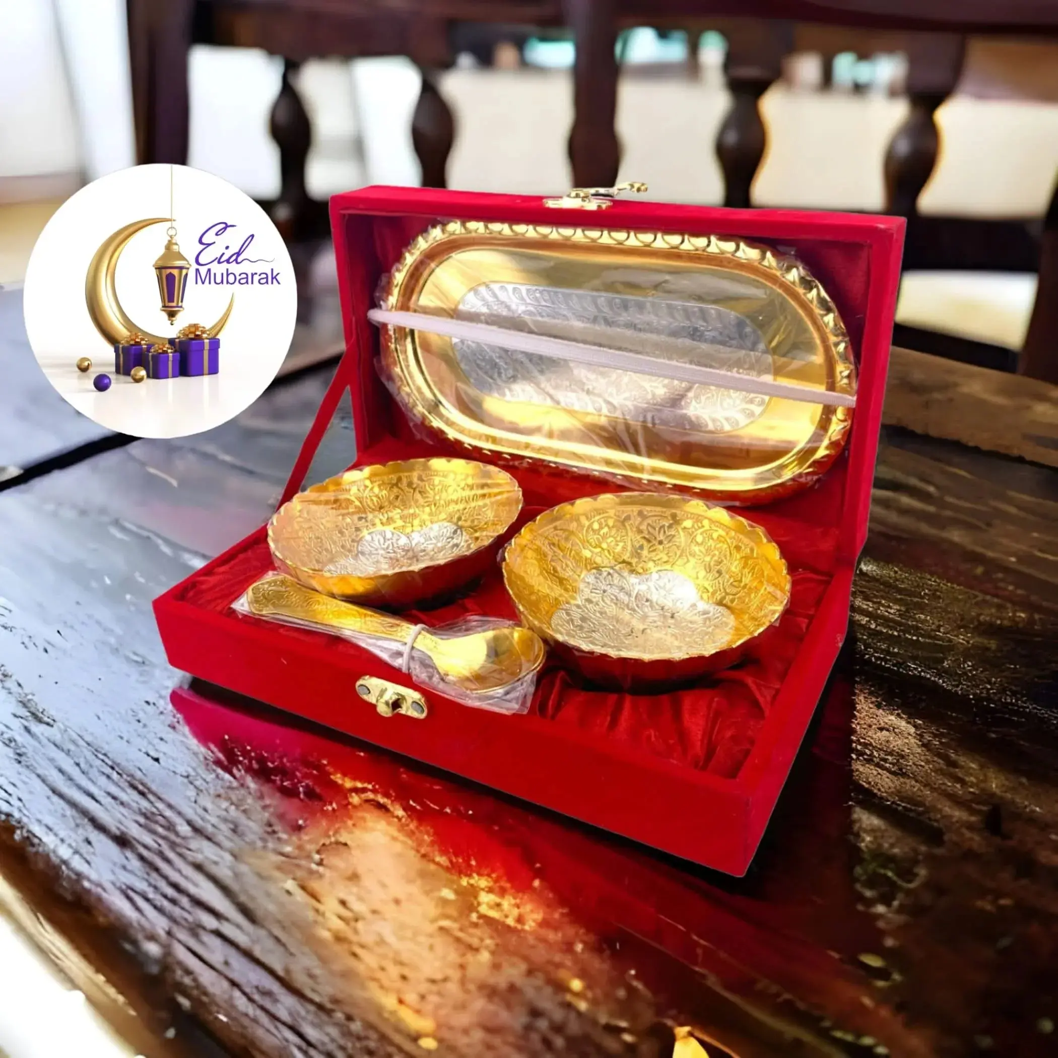 LoveNspire Gold & Silver Plated Double Bowl Set, Satin-Lined Exquisite Velvet Themed Gift Box, Personalized Eid Stickers, Muslim Ramadan & Eid Gifting Favor
