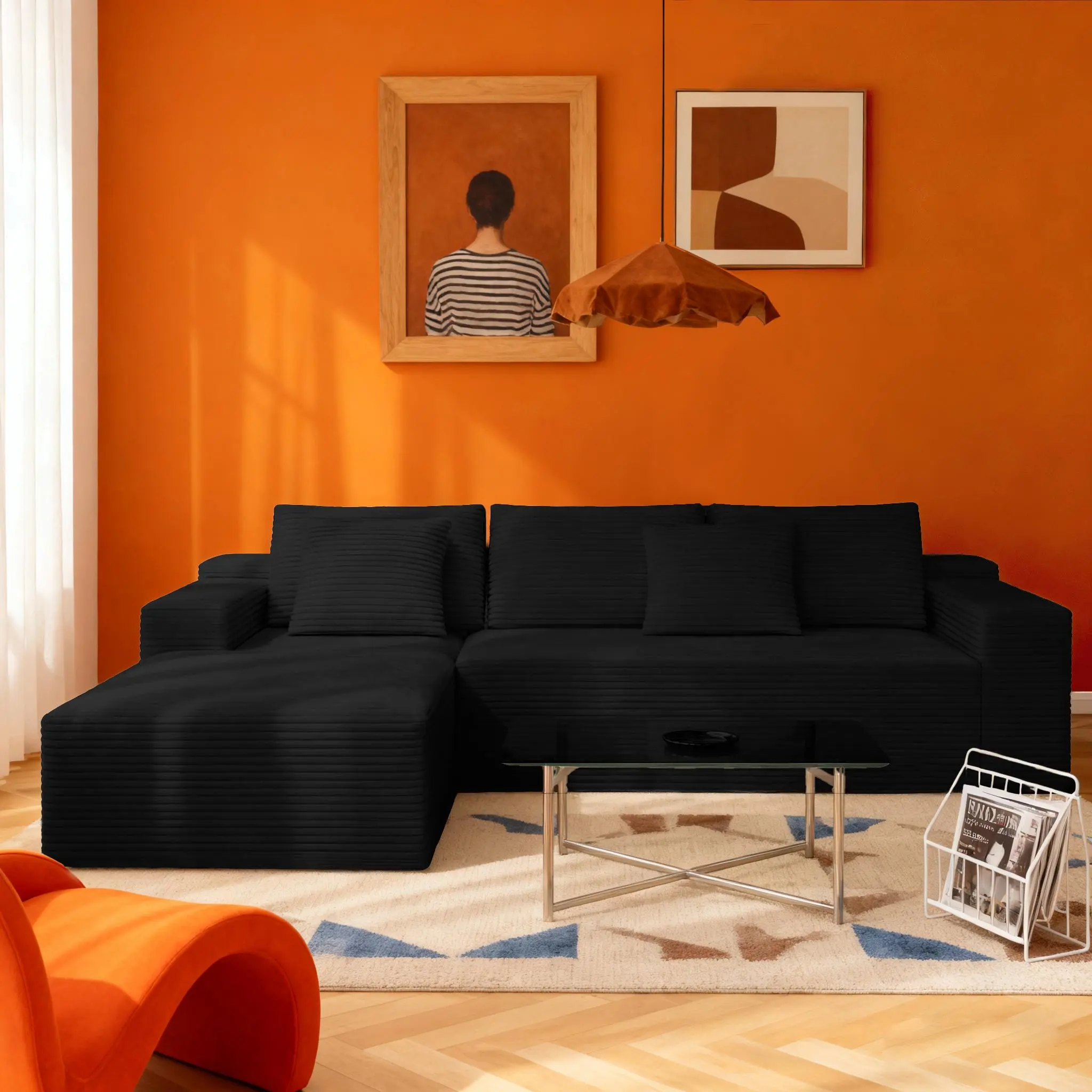 【2 Packages Shipping】106-inch modular sofa, modern simple upholstered sofa without bone, L-shaped deep seat sofa, no assembly required, suitable for living room, bedroom, comfortable and convenient