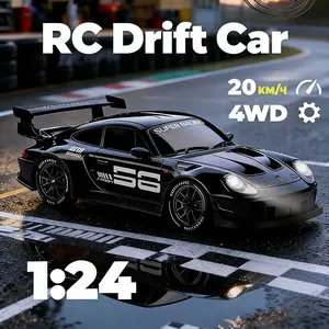 1:24 Scale 4WD RC Drift Car, 2.4GHz, up to 25km/h. Proportional throttle & steering. Comes with racing/drift tires, drift cones, and full ambient lighting. Perfect for kids & adults—ideal birthday, Christmas, or Thanksgiving gift.