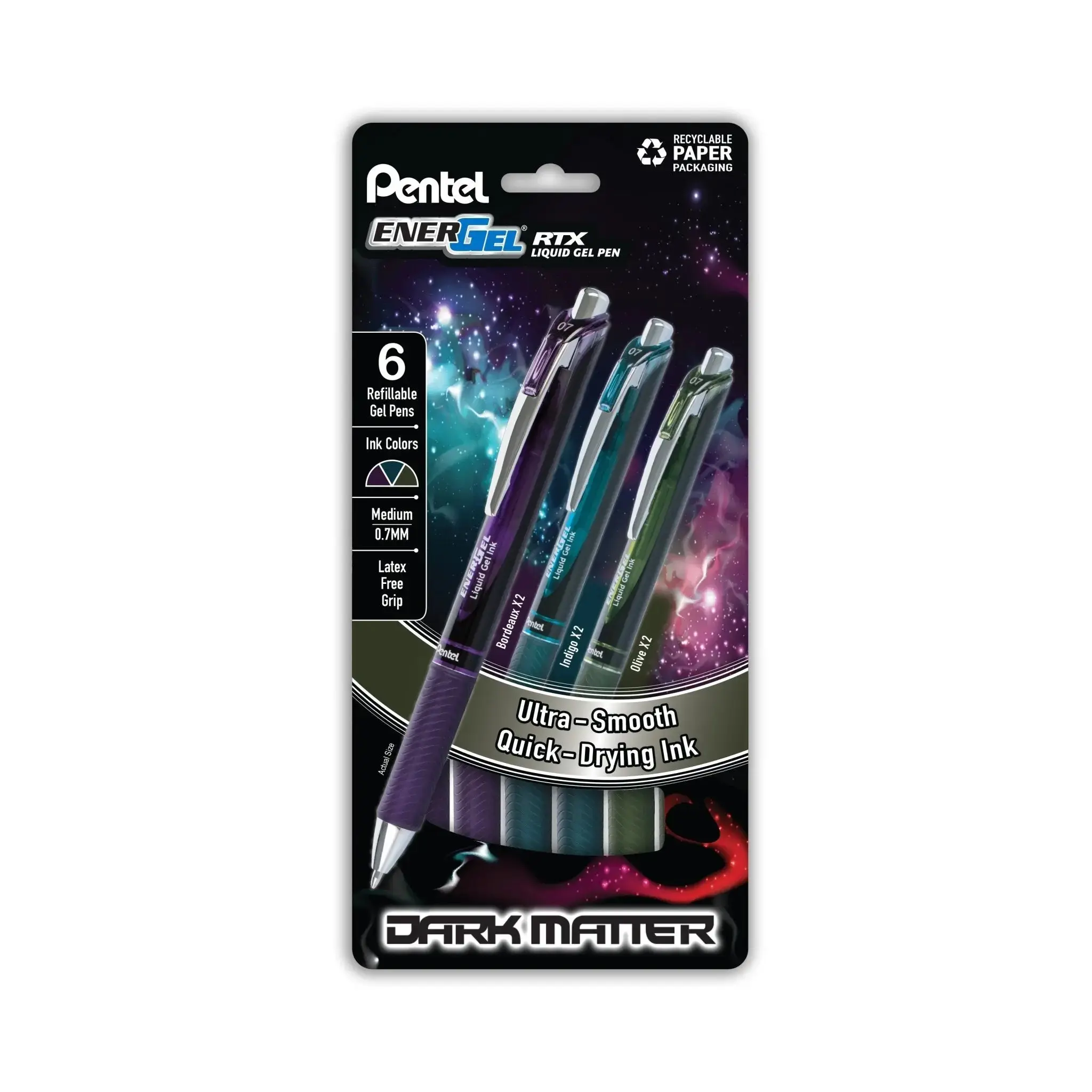 EnerGel RTX Dark Matter Liquid Gel Writing Pen - 0.7mm, Assorted Ink, 6-Pk, Dark Matter Accents, 54% Recycled Plastic, Eco-Conscious Choice, Clean Medium Lines