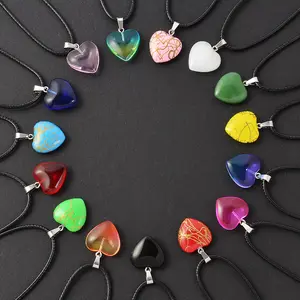 15Pcs Natural agate turquoise pink quartz malachite Heart pendant Crystal amethyst Healing gemstone Necklace Women Charm Men Jewelry