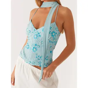 Women Camisoles Sequins Beaded Flower Embroidery V-Neck Casual Tank Tops Summer Fashion Sleeveless Tops with Choker Scarf Light