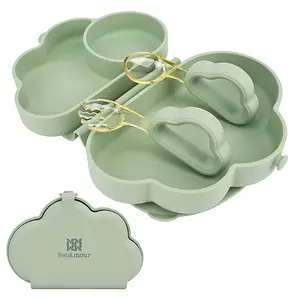 Bebamour Baby Plates with Cloud-Shaped Suction, Divided Plates for Kids - 3 Pack with Spoons Forks, Baby Eating Utensils (Green)