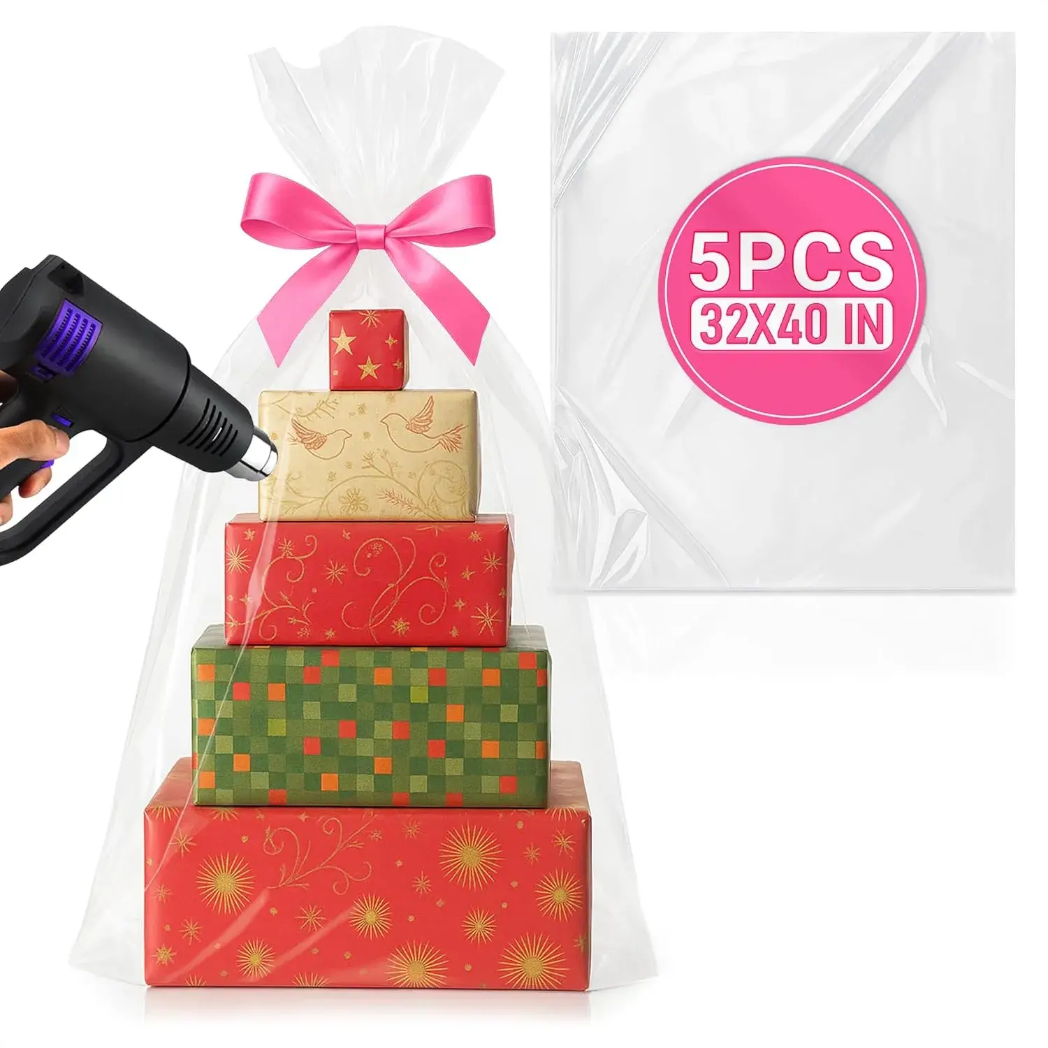 5Pcs Extra Large Gift Basket Shrink Wrap Bags – Wide Application for Gifts & Hampers, Durable & Easy to Use, 32"x40" Gift Basket Wrapping Plastic Bags for Secure Wrapping