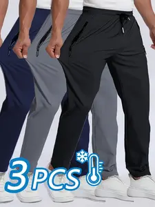 Men’s 3-Pack Moisture-Wicking Athletic Pants with Zipper Pockets and Drawstring Waist – Ice Glide Fiber Fabric, Lightweight Quick-Dry Jogging Pants, Suitable for Gym, Running, Training, and Casual Wear