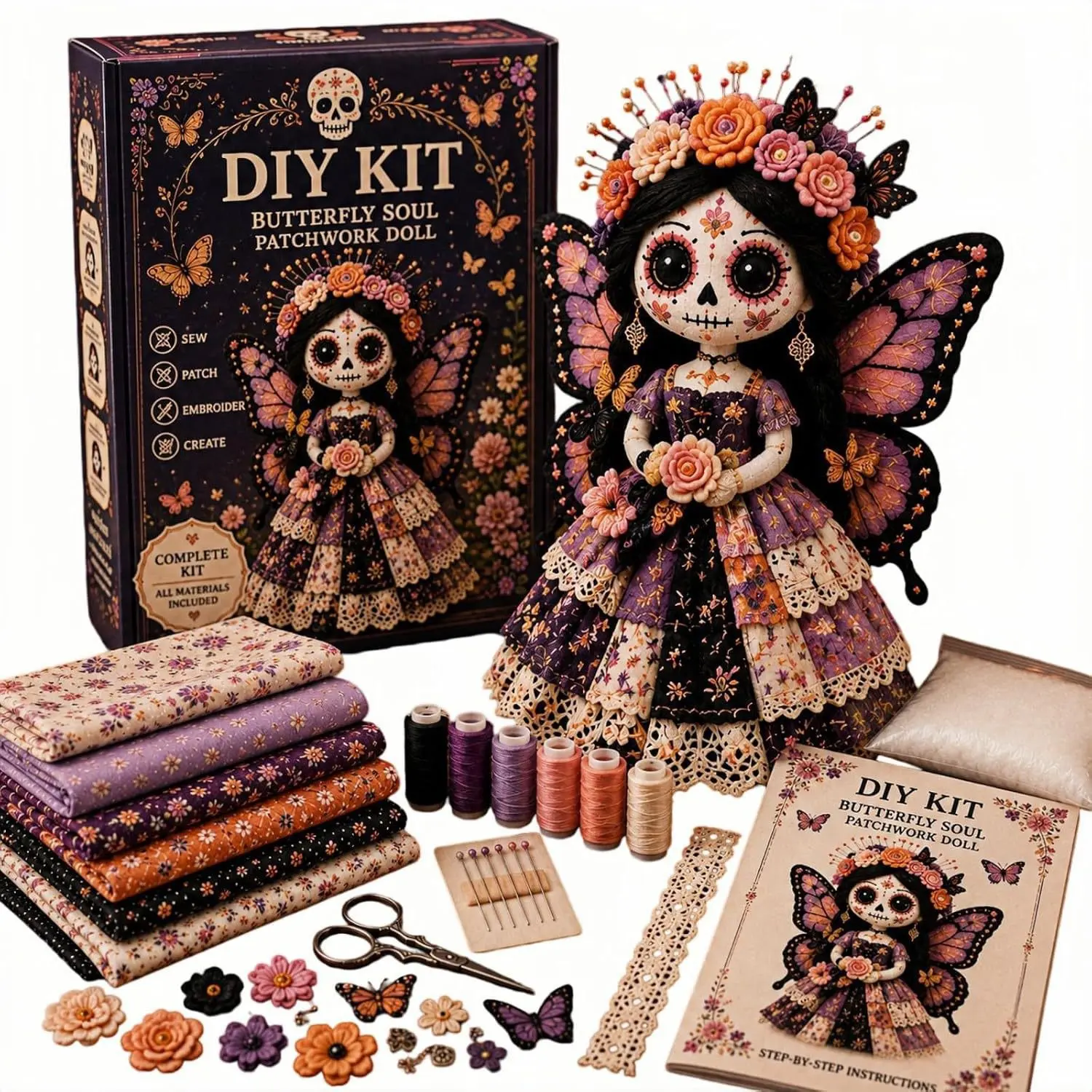 DIY Kit Butterfly Soul Patchwork Doll Complete Set with Fabrics Threads & Instructions for Crafting a Unique Doll