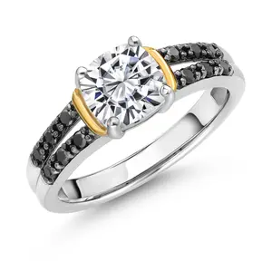 1.12 Cttw 925 Sterling Silver and 10K Yellow Gold IGI Certified Lab Grown Diamond and Black Diamond Engagement Ring For Women | Center Cushion Cut Diamond 1 Ct | E-F Color | VS1-VS2